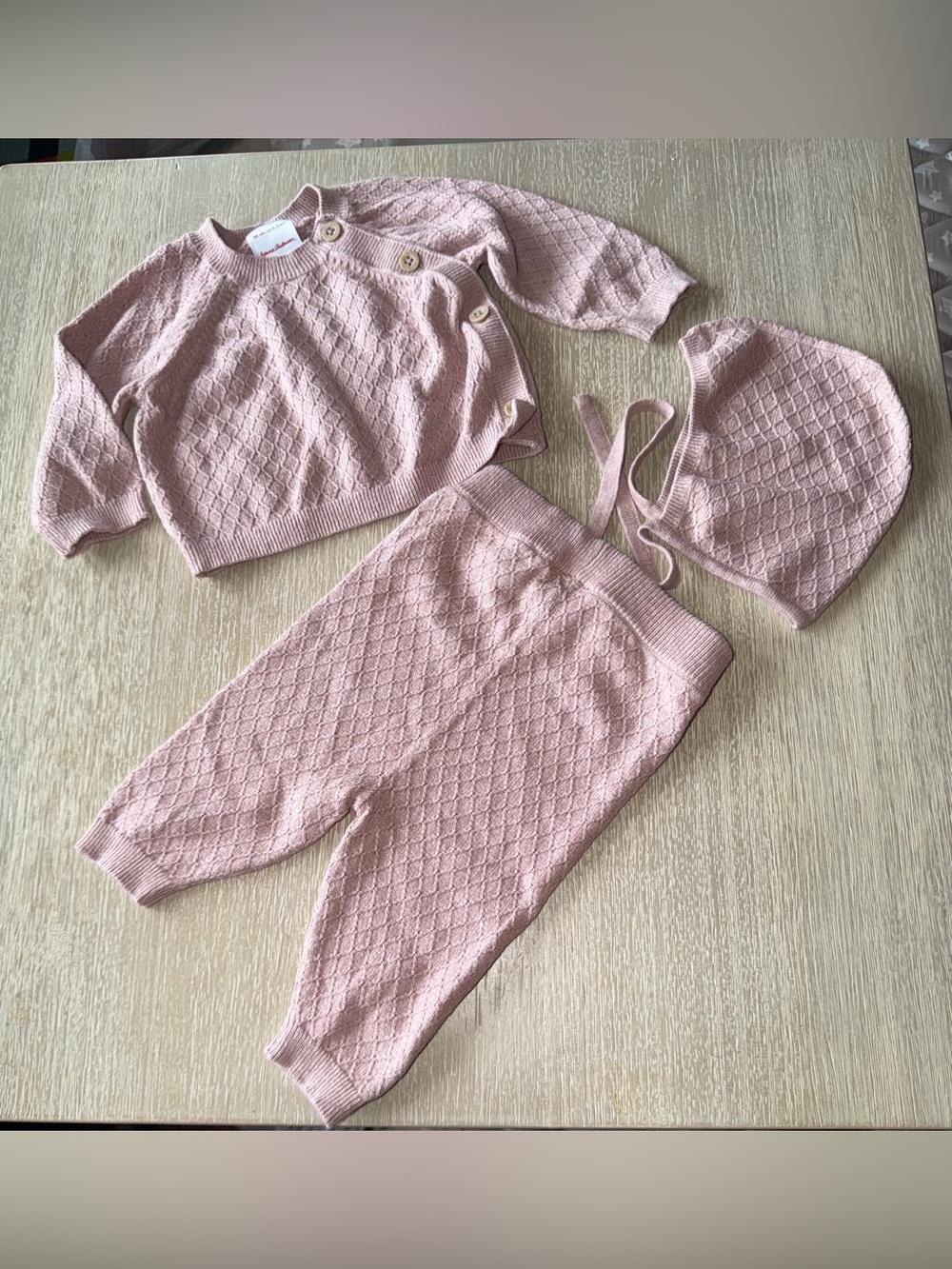 Hanna Andersson Cotton Knit Baby Set - Dusty Pink Sweater, Pants & Bonnet 0-3M